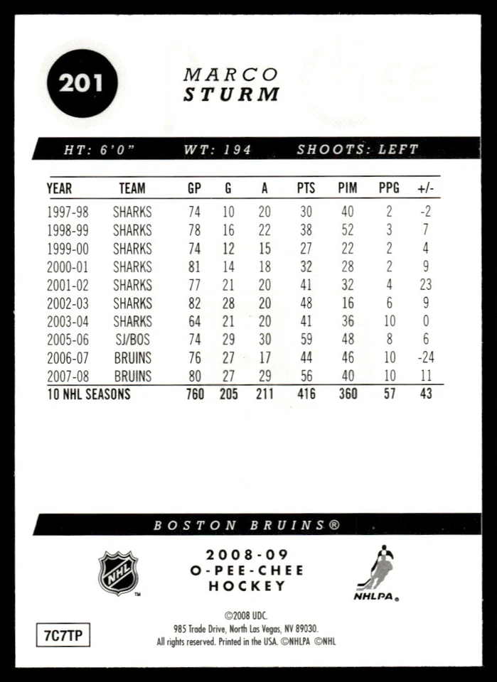 2008-09 O-Pee-Chee Gold Marco Sturm Boston Bruins #201 - Image 2 of 2