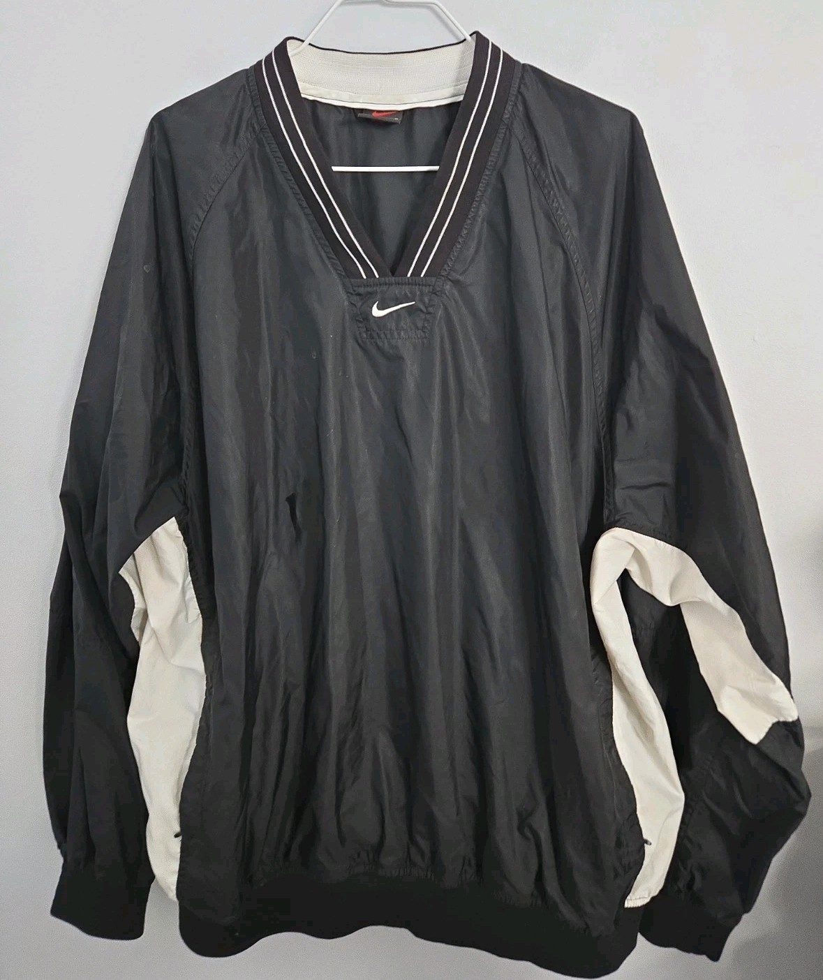 Vintage Nike Windbreaker Pullover Mens XL Black White V Neck Swoosh Jacket 90s