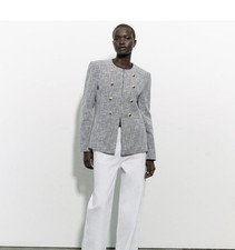 ZARA Tailored Textured Blazer Large Fitted Waist Tweed Structured Gold Buttons