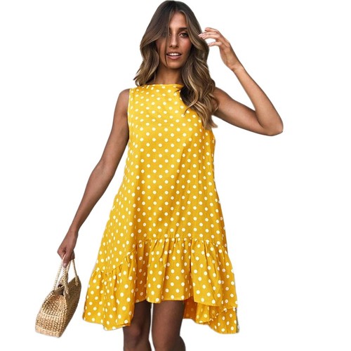 Estate Donne Pois Maniche O-Collo Dress Ruffle Hem Casuale Alle7138 - Foto 1 di 1