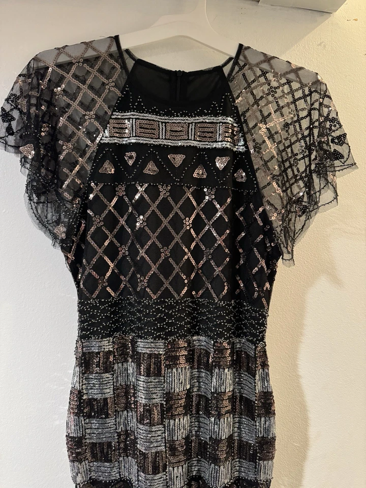 Único Vestido Vintage Flapper Gatsby Cóctel Lentejuelas Dorado Negro Flecos Pequeño Foto 2 de 4