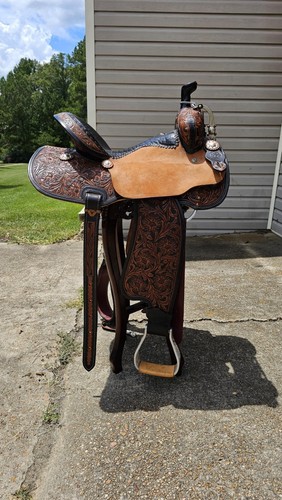 Hand-Tooled Western Saddle  Floral Tooled Leather Silver Accents  Never Used .