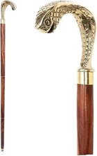 Liyena Antique Brass Cobra Snake Handle Wooden Walking Cane Vintage Style Gift