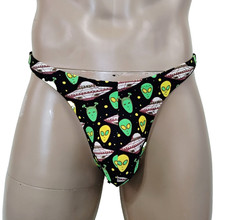 Men's Thong G-String T-Back Pouch UFO Print Large Nylon/Spandex Made in USA
