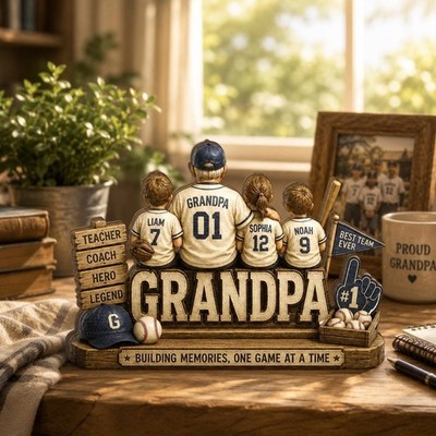 Personalized Baseball Grandpa Wooden Block, Custom Grandpa Baseball Gift