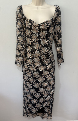 Lush Dress Womens Medium Black Floral Long Midi Ruched Dark Fairy Grunge
