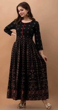 Indian Women black rayon Kurta Kurti comfortable Embroidery Anarkali ALine dress