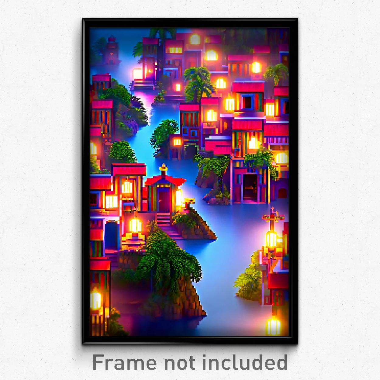 8 Bit Psychedelic Pixel Art Poster of an Exotic Town