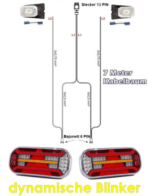 LED-Rückleuchten Set Anhänger Laufblinker Bajonett 6PIN + 7M Kabelbaum 13 polig