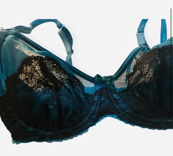 Jezebel Teal Underwire bra with Black Lace Overlay, Size 34D, Excellent Cond - Image 2 of 4