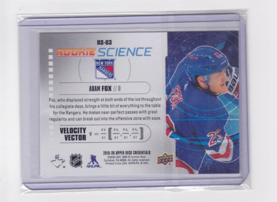2019-20 UD CREDENTIALS ROOKIE SCIENCE INSERT ADAM FOX #RS-03 NEW YORK RANGERS - Image 2 of 2