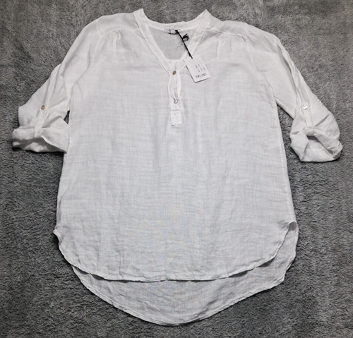 New Rosemarine Womens Shirt Tunic Large 100% Linen Roll Sleeve Button Italy Top