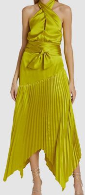 $598 Amur Women's Green Charmeuse Halter Pleated Dixon A-Line Dress Size 2