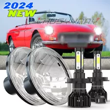 7" Inch Round Sealed Beam Glass Clear Lens Headlights H4 Bulbs H6024 H6014 Pair