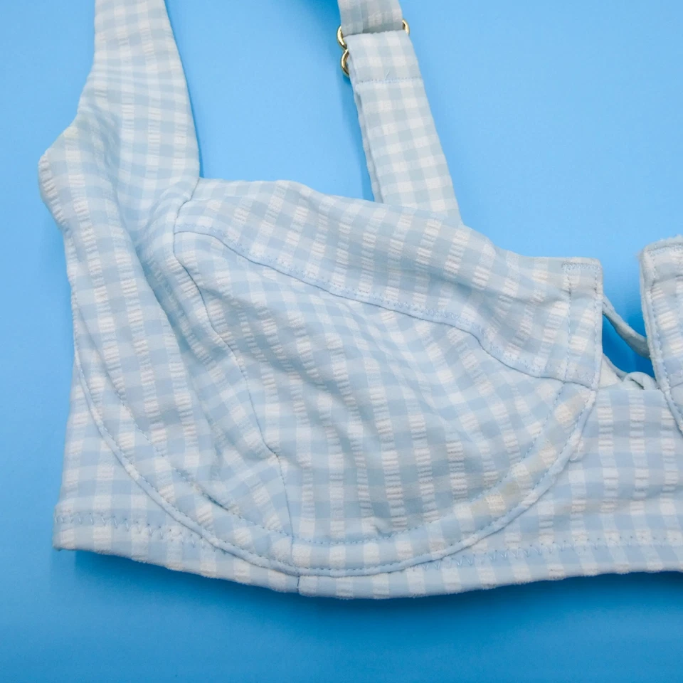 Top de bikini push up Victorias Secret 34C blanco azul a cuadros con aros recorte natación Foto 3 de 4