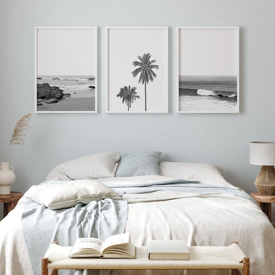 Juego de 3 impresiones artísticas de palmeras de playa costera a juego. Decoración del hogar perfecta Foto 2 de 4