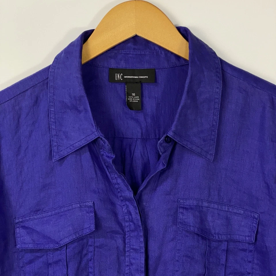 Top de lino para mujer INC International Concepts talla 16 púrpura con botones manga larga Foto 2 de 4