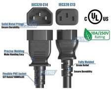 6-FT Premium IEC320 C14 Male To C13 Female AC Power Extension Cord Max 10A 250V
