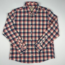 LL Bean Mens Large Slightly Fitted Plaid Cotton Button Down Shirt Blue Red