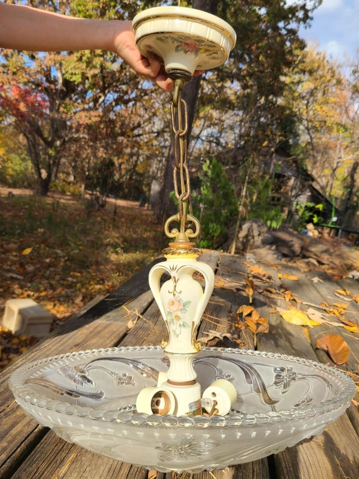 Antique Vintage 30's Art Deco Cabbage Rose Ceiling Light chandelier by Porcelier - Image 2 of 4