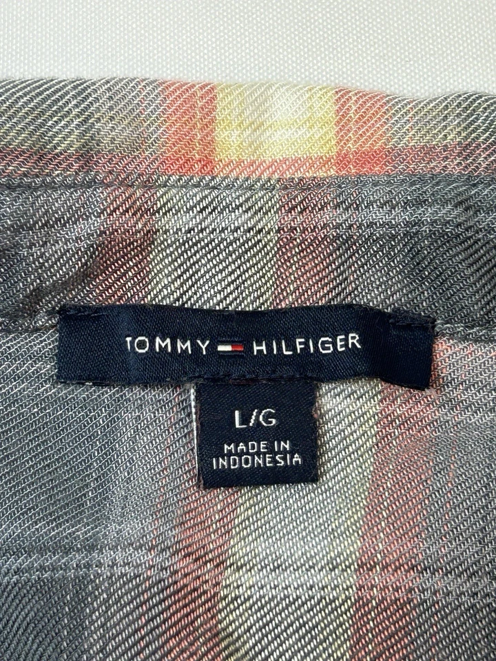 Camisa Tommy Hilfiger Botón Frontal Mujer L Gris Cuadros Pestaña Enrollable Manga Larga Top Foto 3 de 4