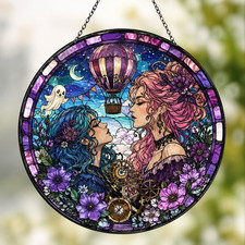Fantasy Women Stained Glass Suncatcher, Hot Air Balloon  Floral Window Hanging