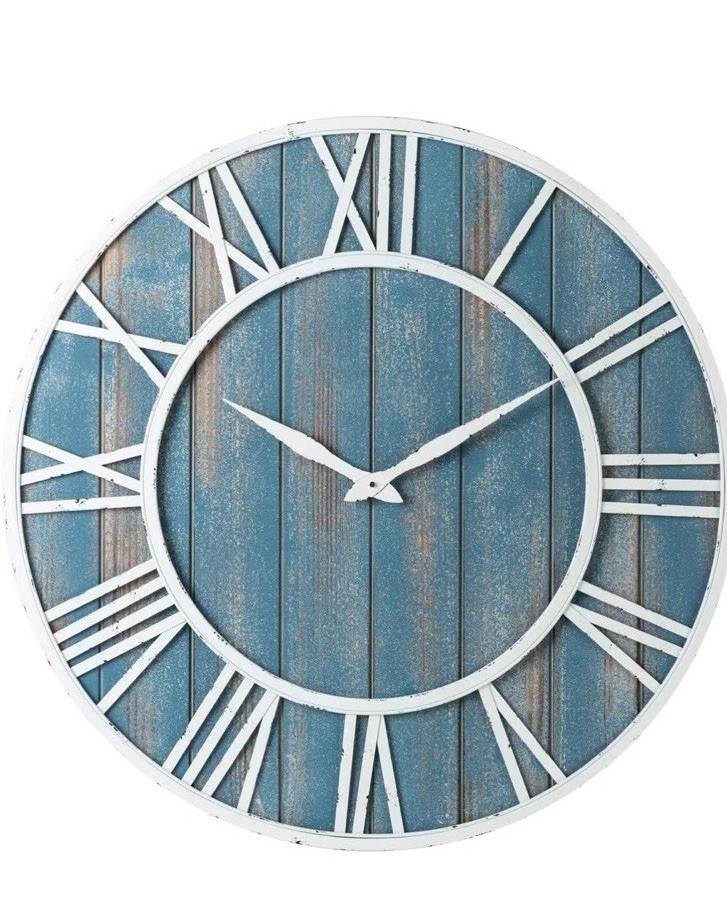 30 Coastal Wall Clock Metal & Solid Wood Noiseless Weathered Beach Blue Wall