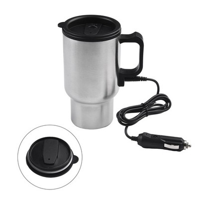 12V Stainless Steel Travel Heated Coffee Mug Cup With Car Charger 500ml
