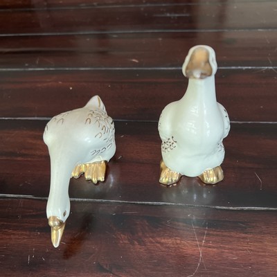 VINTAGE 50S-60S CERAMIC CELEDON GOOSE/SWAN FIGURINES WITH GOLD LEAF ACCENTS
