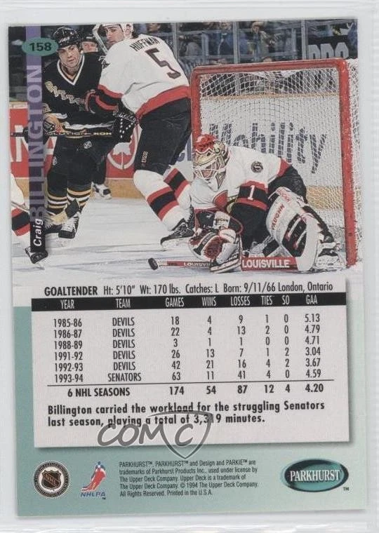 1994-95 Parkhurst Craig Billington #158 - Image 2 of 2
