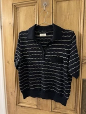 Toast Alpaca Linen Knitted Top Short Sleeve Collared - Navy/Oat- L- rrp £155