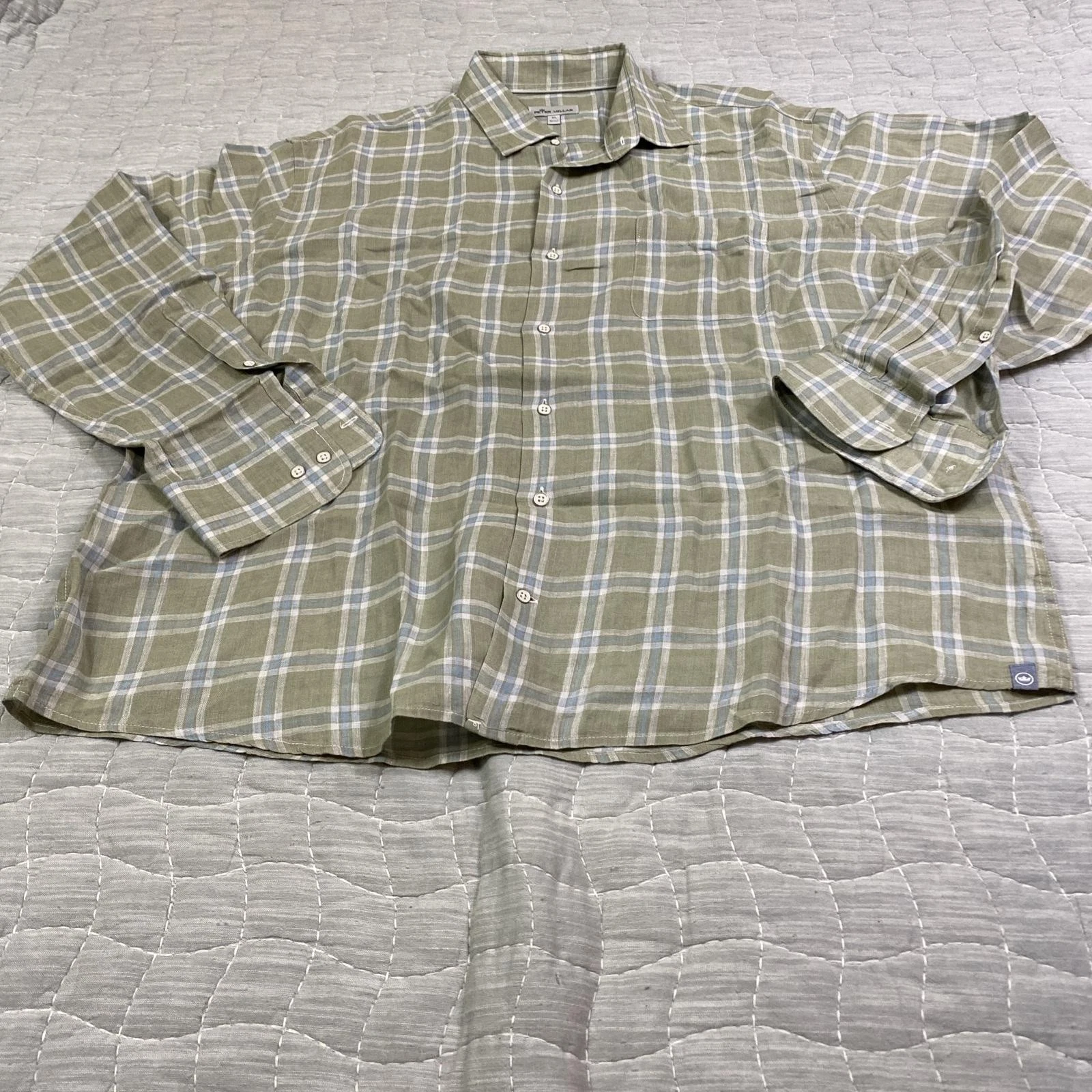 Peter Millar Shirt Mens XL Green Plaid Linen Button Front Long Sleeve Casual