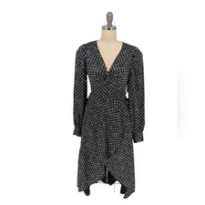 01591 NEW Express Plaid Asymmetrical Satin Dress Black size XS preppy Business