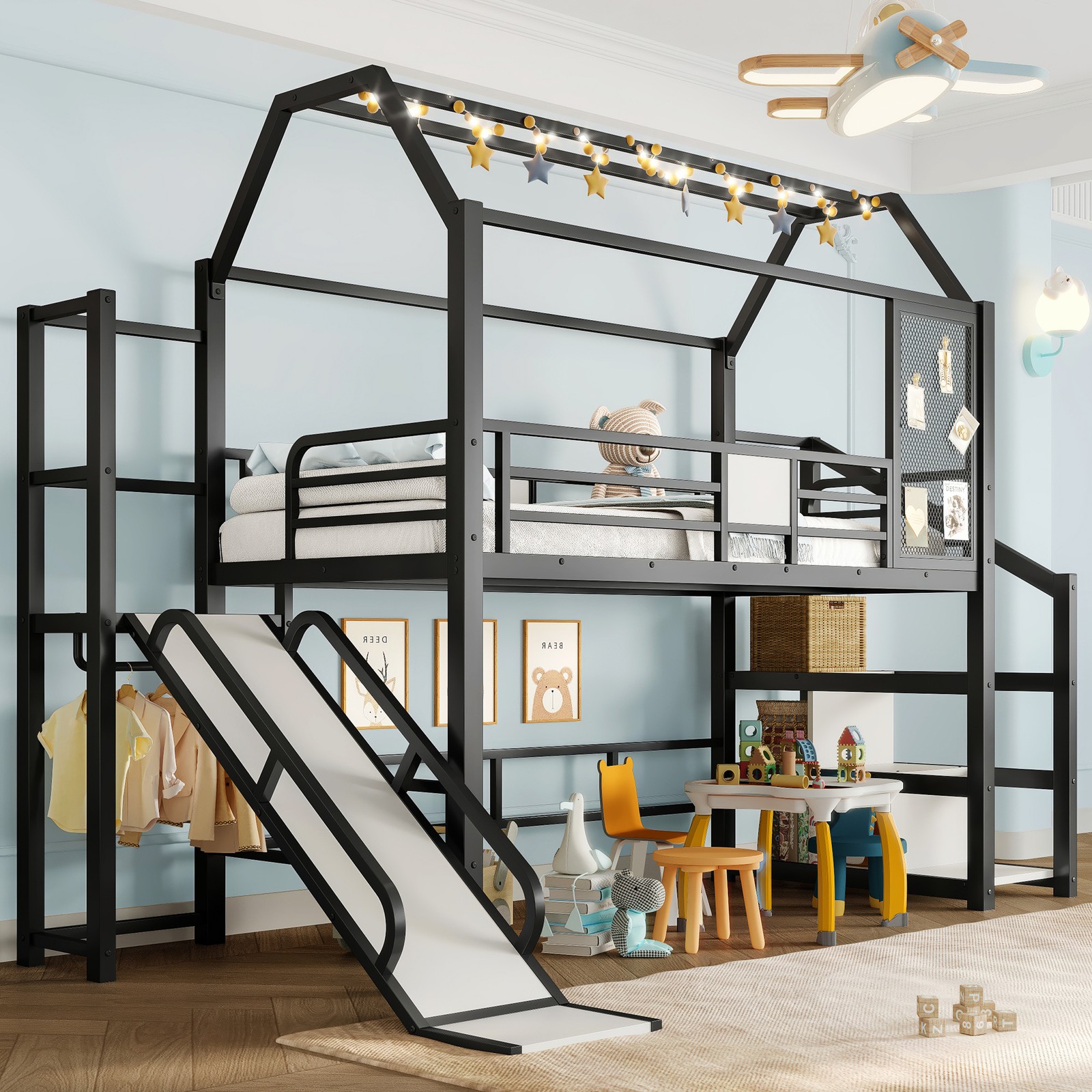Twin House Loft bed with Slide and Stairs,Metal Playhouse Bed with Storage Shelv