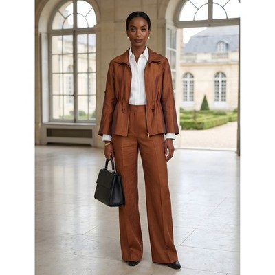 Ruby Rd Linen Blend Jacket Size 8 Copper Brown Zip Front Collared 3/4 Sleeve