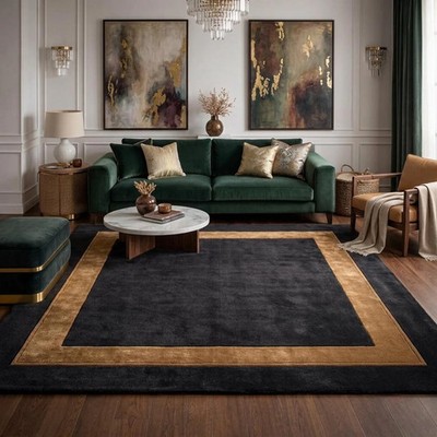 Black Beige Border Area Rug, Handmade Wool Area Rug Modern Hand Tufted Carpet