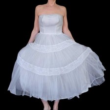 1950s White Wedding Gown Dress XXS 00 Lace Boned Strapless Tulle Mod Formal
