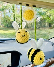 Crochet Bee Car Mirror Hanging Ornament - Cute Bumblebee Daisy Amigurumi