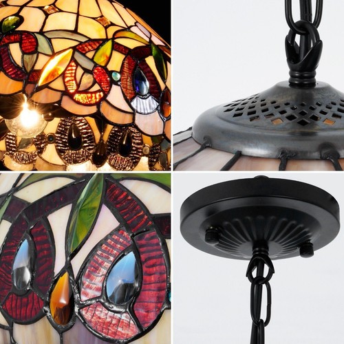 Tiffany Pendant Light Fixtures 2-Lights Hanging Lamp Stained Glass Chandelier - Picture 8 of 10