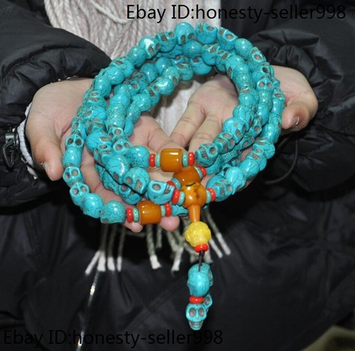 Chinese Ancient turquoise carved skull Skeleton statue exorcism amulet necklace - Picture 9 of 9