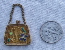 Antique Sterling Silver Enamel Miniature Mesh Purse 7/8" Wide Chain Handle Mini