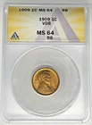 1909 VDB Lincoln Wheat Cent Coin ANACS MS 64 RB Looks Nicer
