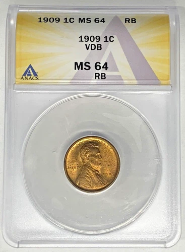 1909 VDB Lincoln Wheat Cent Coin ANACS MS 64 RB Looks Nicer