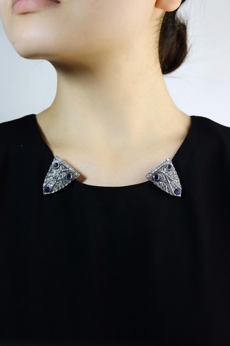 14K Gold & Sterling Blue White Sapphire Clips Brooch - Picture 3 of 13