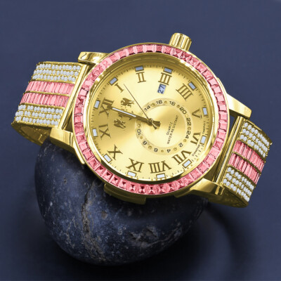 Real Diamond Yellow Gold Tone Baby Pink Baguette Dial Custom Band Luxury Watch