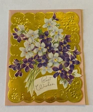 Vintage Unused Best Wishes Greeting Card Layered Paper & Foil Pretty Flowers