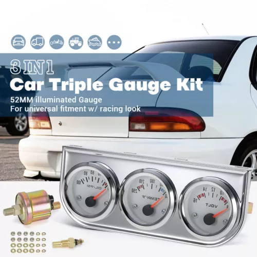 Universal 2"52mm Chrome Oil Pressure Water Temp Volt Meter Triple Gauge Set 3in1 - Bild 2 von 13