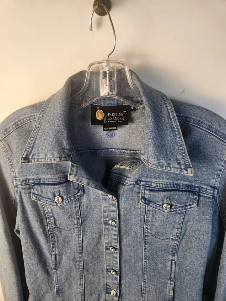 Chaqueta de mezclilla Christine Alexandaer con botones para mujer S azul manga larga cuello Foto 3 de 4