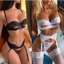Women |Sexy Lingerie Babydoll Lace Underwear Bra Thong Garter Belt Nightwear Set