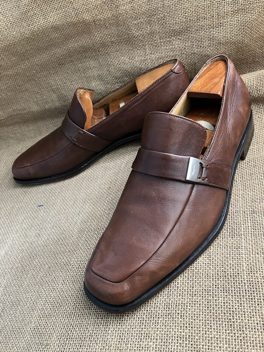 SALVATORE FERRAGAMO Mens Brown Leather Slip On Loafers Size 